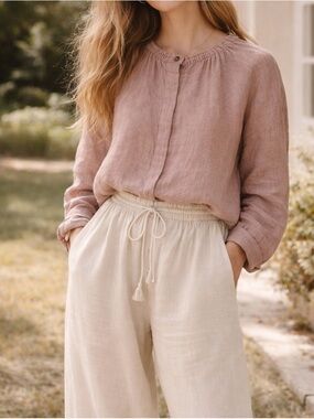 100% Linen Plant-Dyed Dusty Rose Blouse - Brand New with Tags